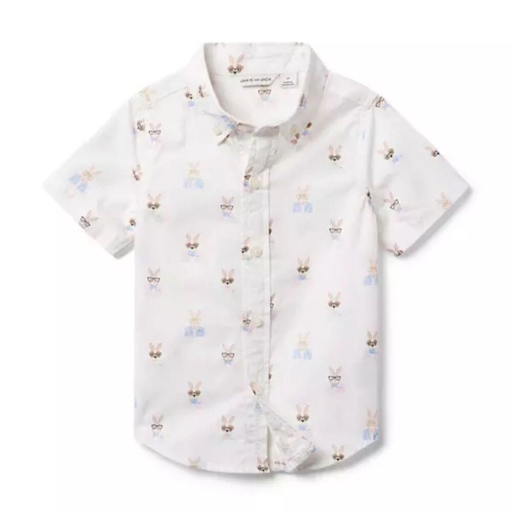 Janie and Jack Bunny Poplin Shirt White Dapper Bunny Boy's Size 12-18 Months